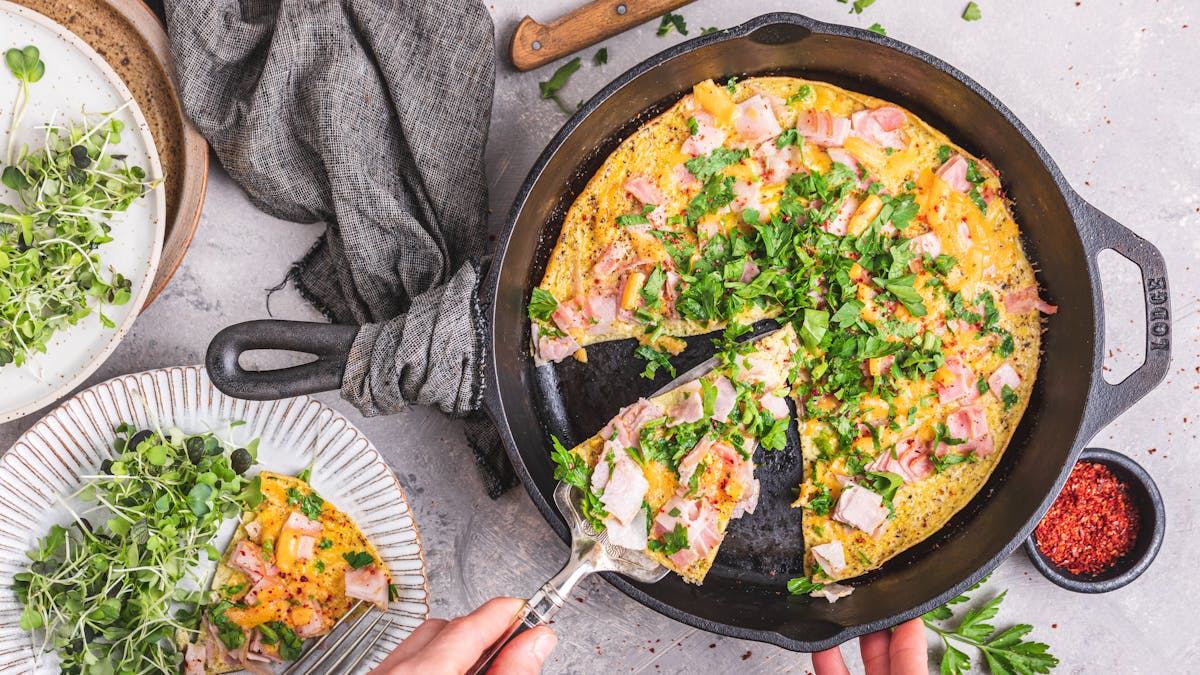 Open omelet with ham and cheese