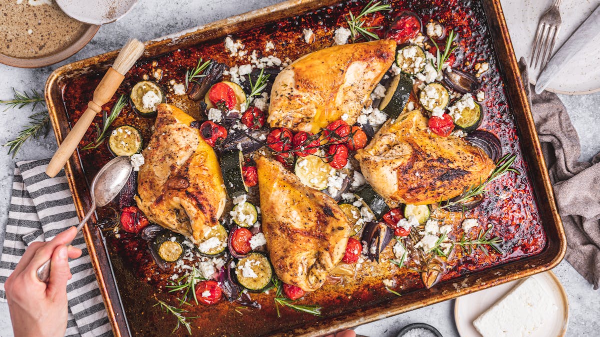 Tuscan sheet pan chicken with zucchini and tomatoes