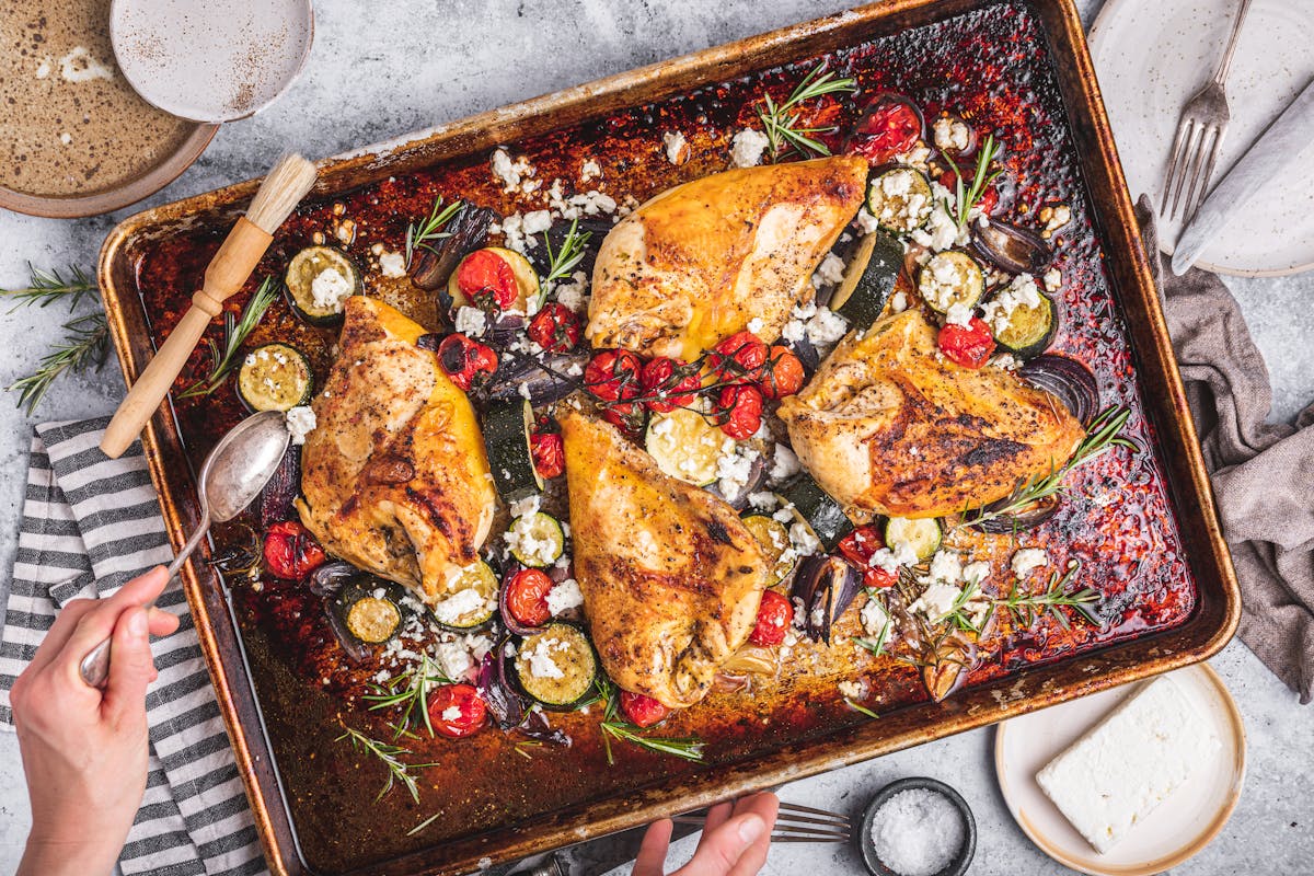 Tuscan Sheet Pan Chicken with Zucchini and Tomatoes