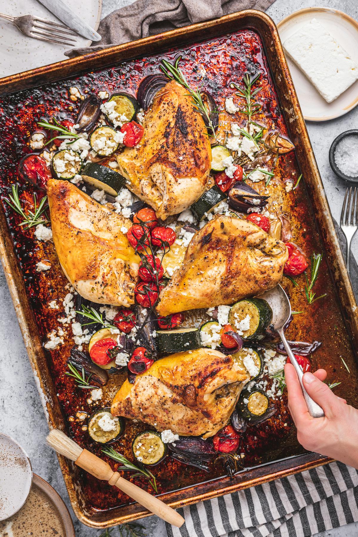 Tuscan sheet pan chicken with zucchini and tomatoes