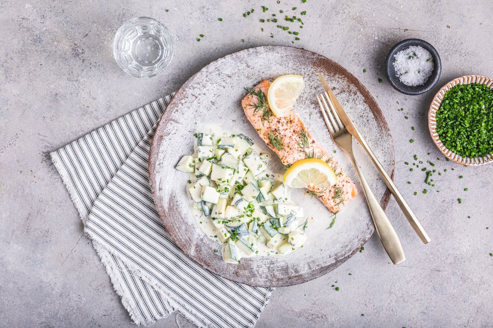 Lemony butter-baked salmon with no-tato salad