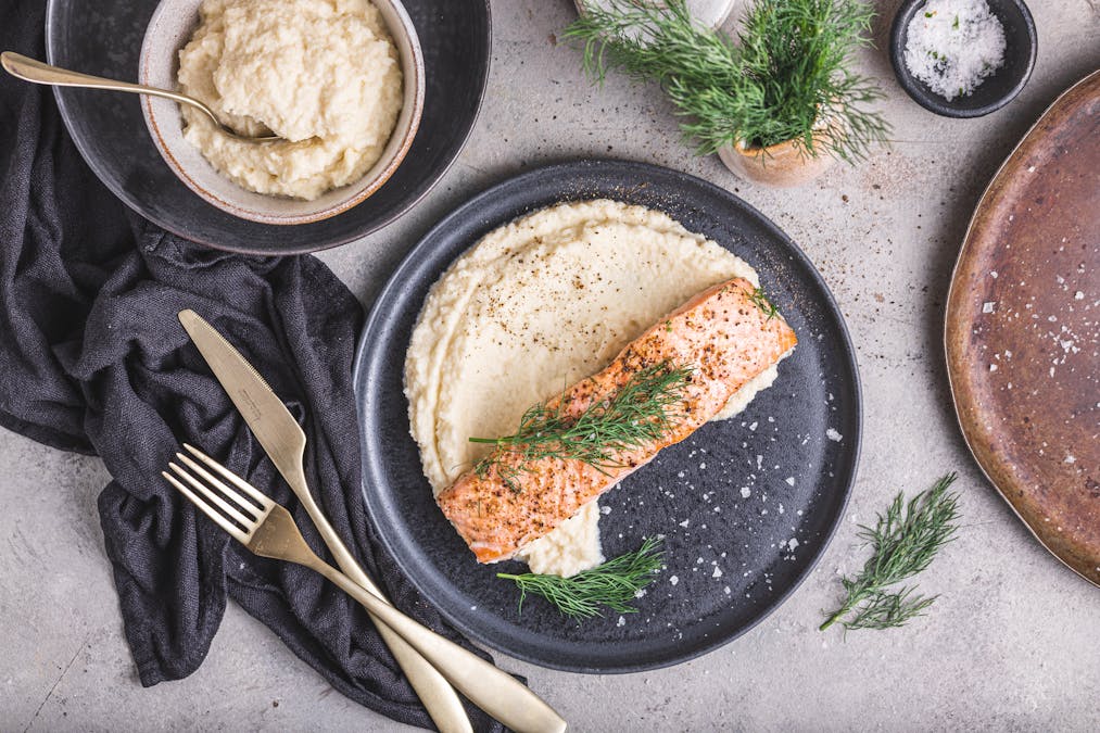 Lemony butter-baked salmon with cauliflower mash