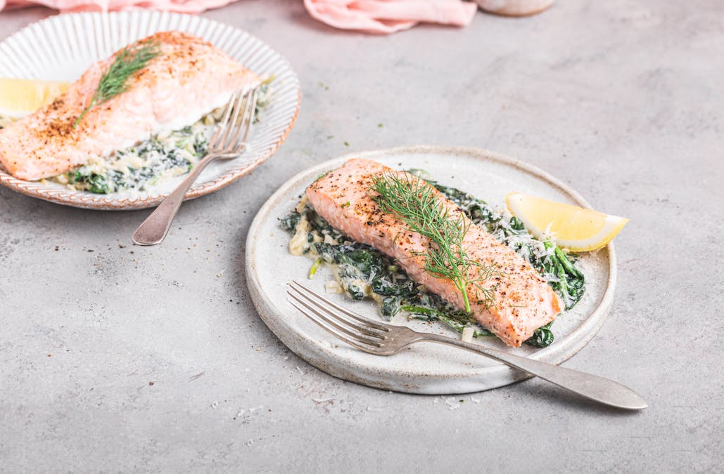 Lemony butter-baked salmon with creamed spinach