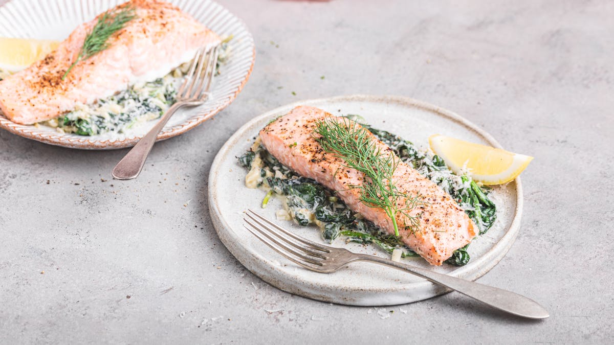 Lemony butter-baked salmon with creamed spinach