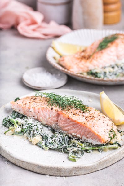 Lemony butter-baked salmon with creamed spinach