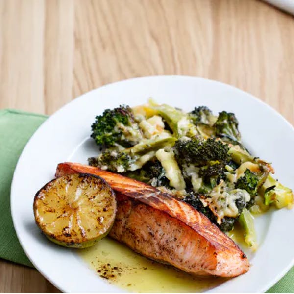 Keto fried salmon with broccoli and cheese
