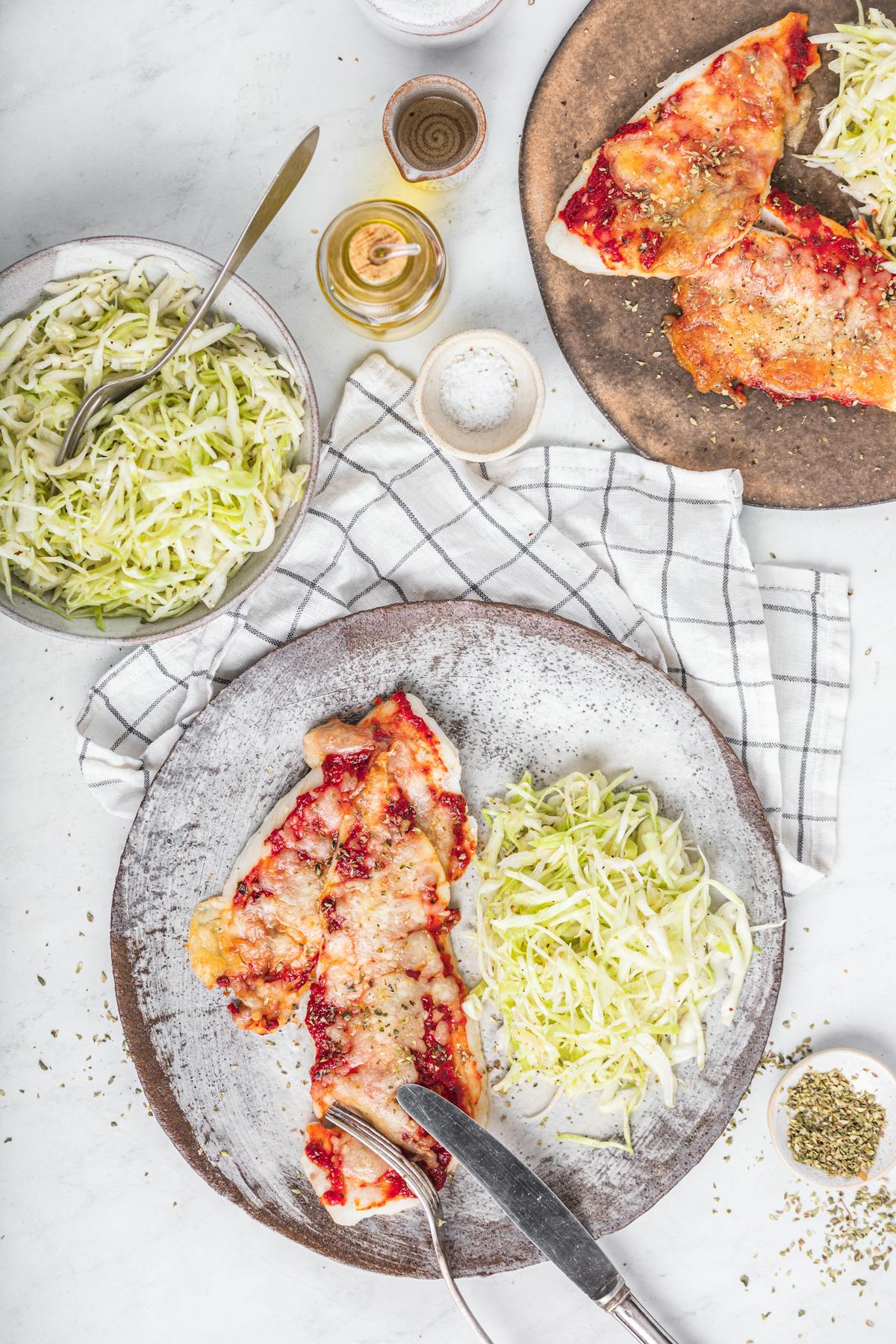 Keto pizza fish with cabbage salad