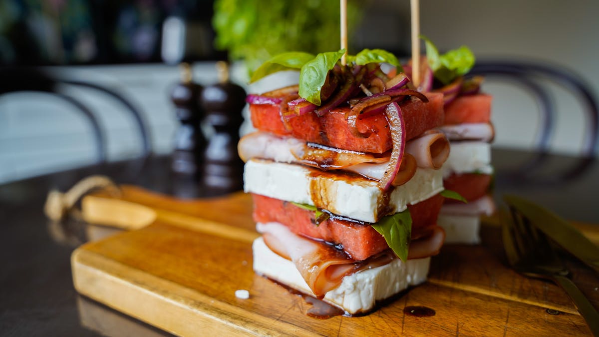 Feta cheese and watermelon tower