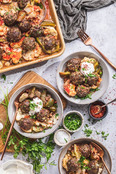 Kofta sheet pan with spicy veggies