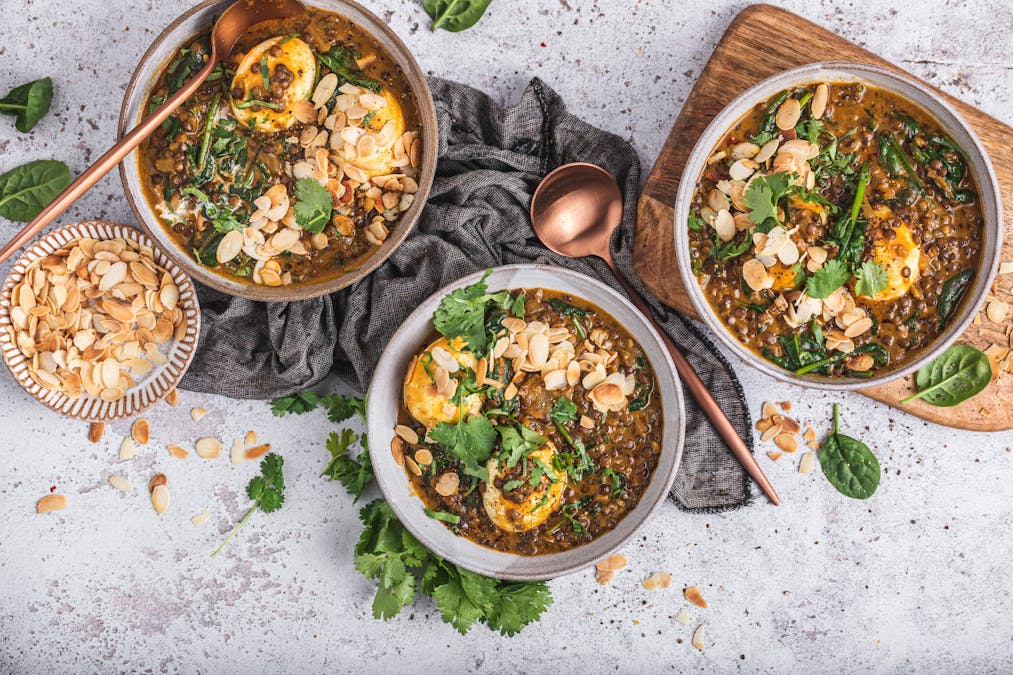 Lentil coconut curry with eggs