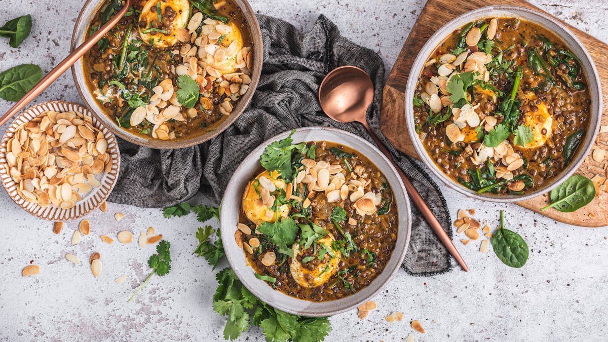 Lentil coconut curry with eggs