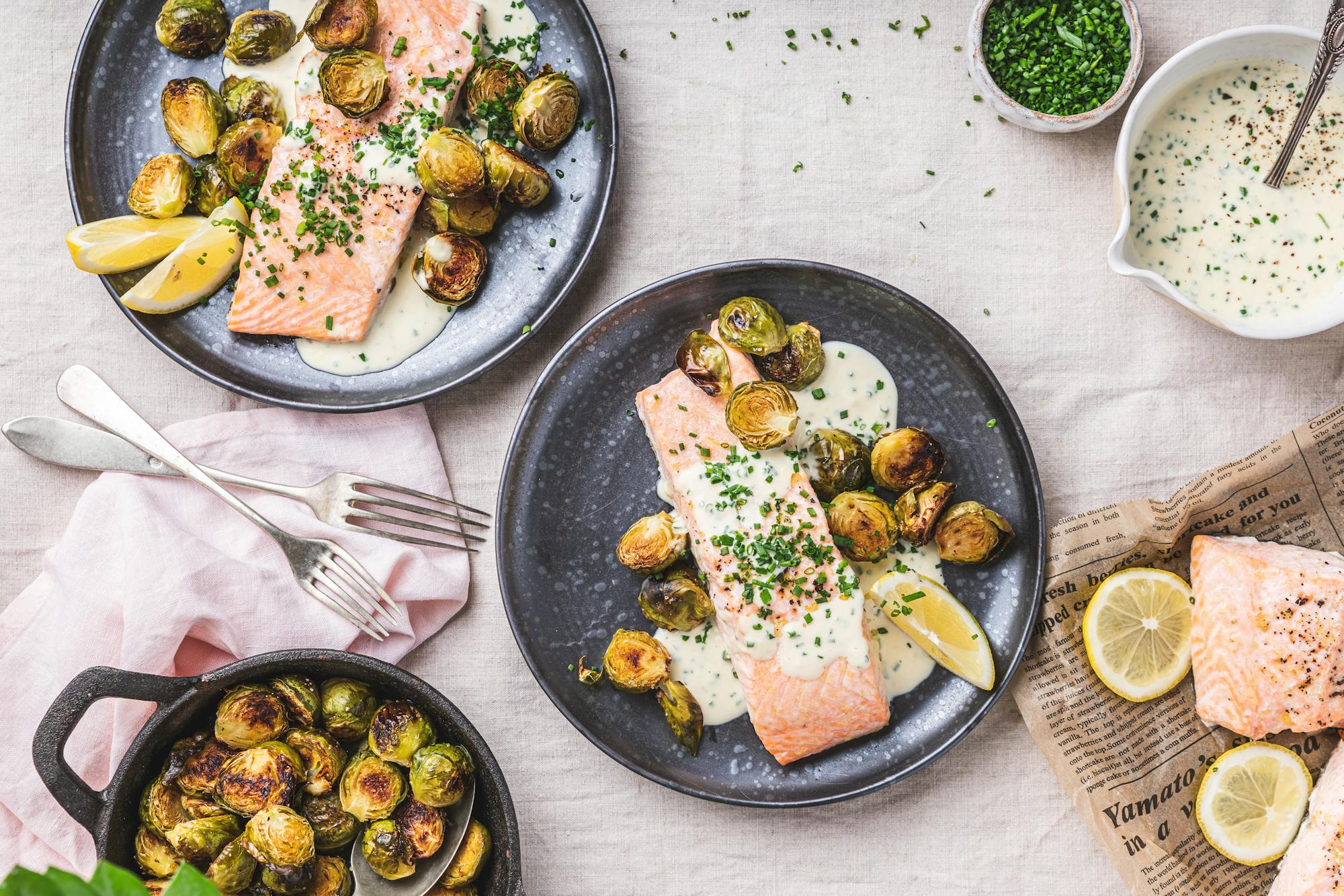 Salmon, horseradish sauce & Brussels sprouts — Recipe — Diet Doctor