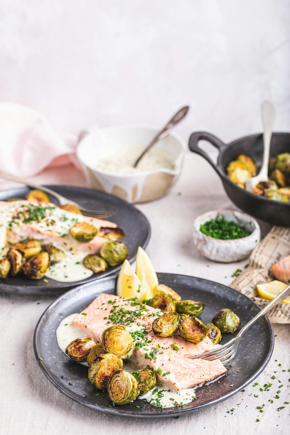 Baked salmon with horseradish cream sauce and roasted Brussels sprouts