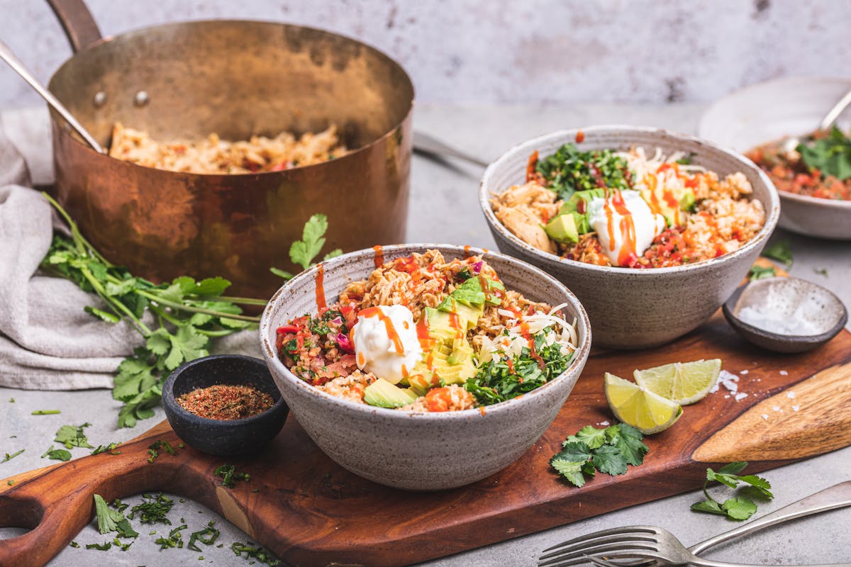 Low carb chicken burrito bowl with cauliflower rice