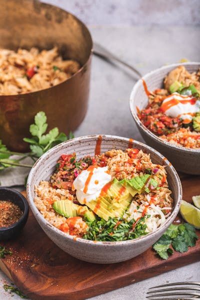 Low carb chicken burrito bowl with cauliflower rice