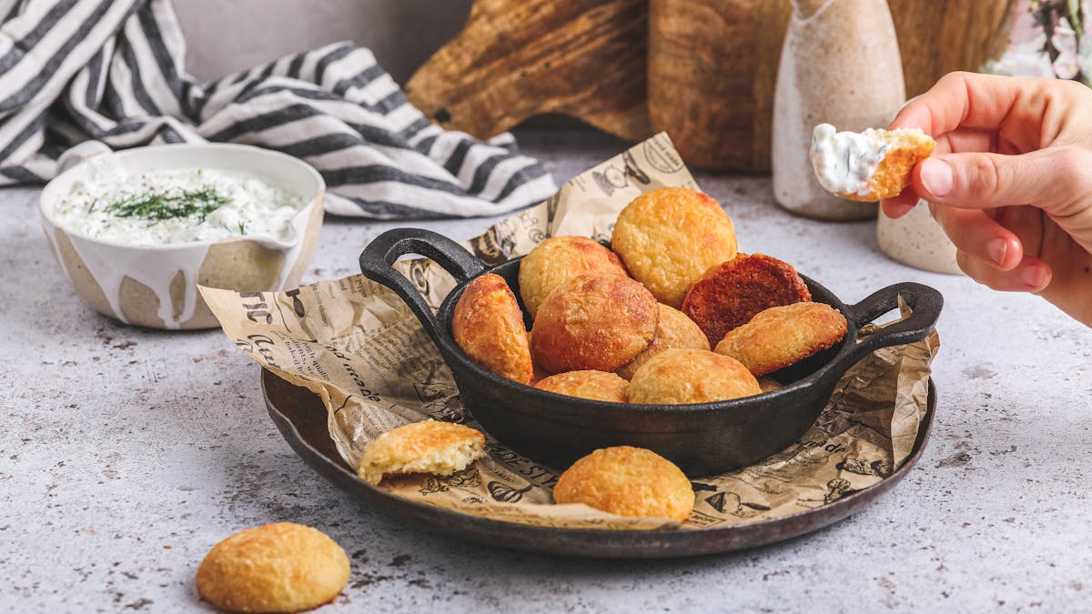 Air fryer cheesy dough bites with tzatziki