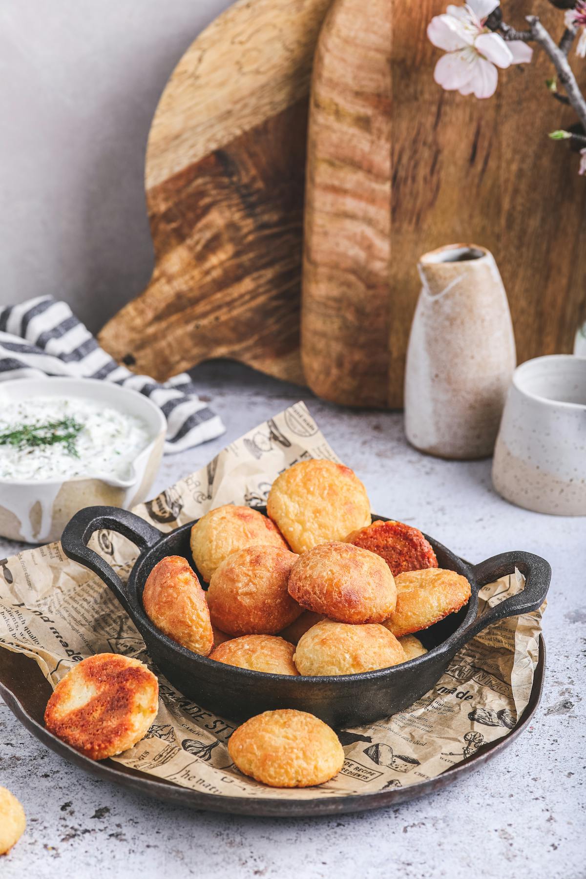 Air fryer cheesy dough bites with tzatziki