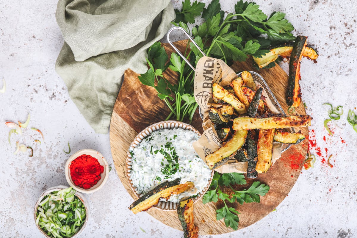 Air fryer zucchini fries with yogurt dip