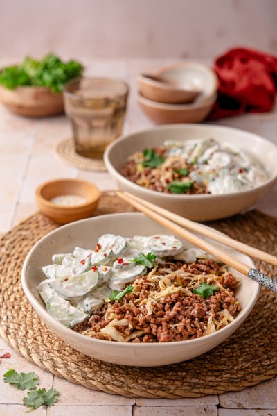 Asian ground beef bowl with creamy cucumber salad