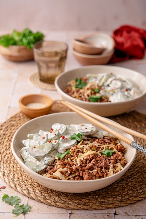 Asian ground beef bowl with creamy cucumber salad