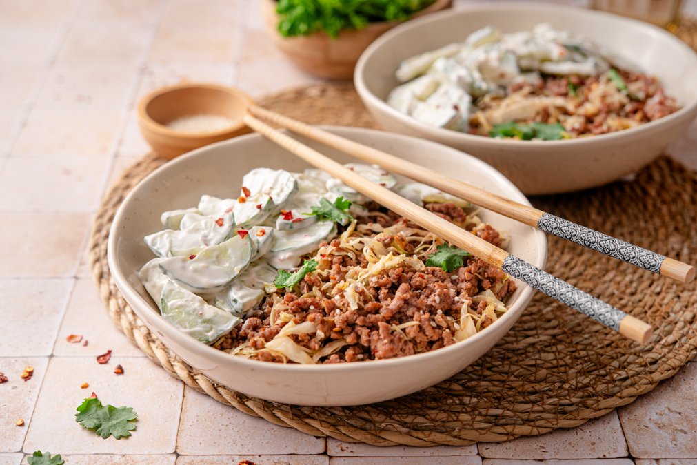 Asian ground beef bowl with creamy cucumber salad