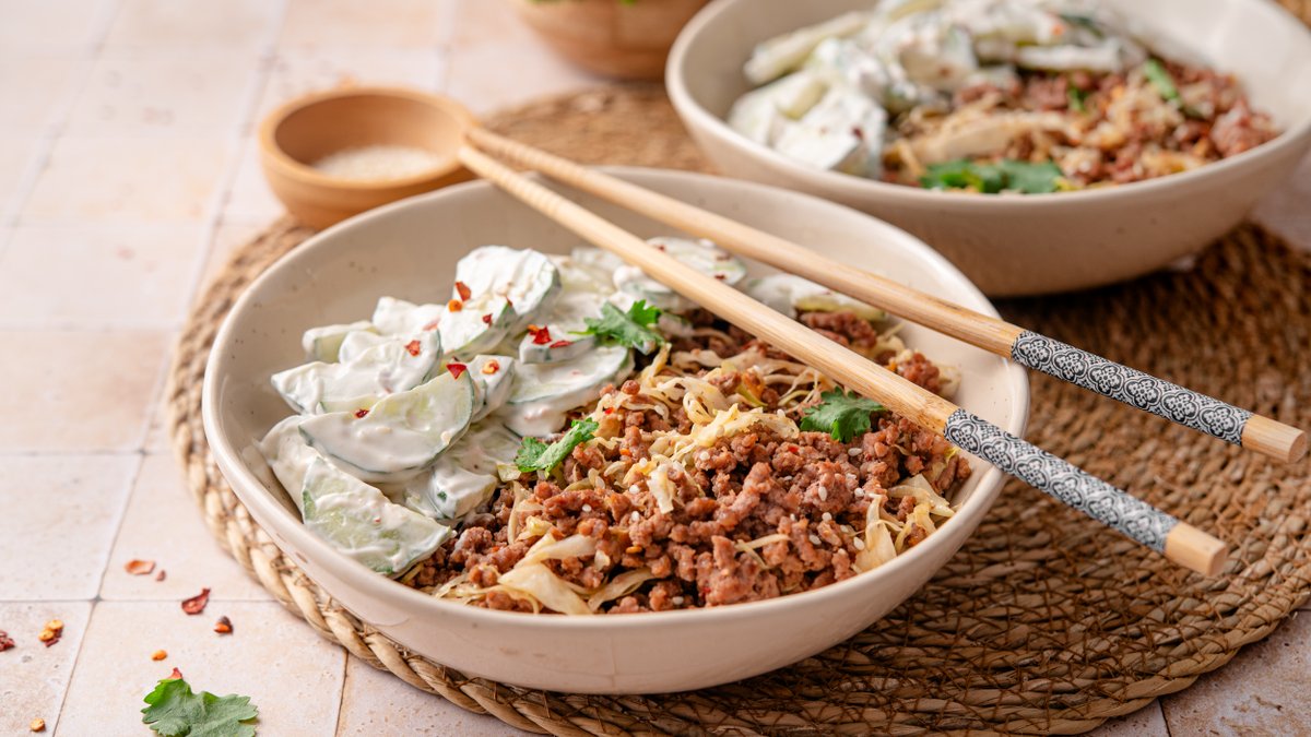 Asian ground beef bowl with creamy cucumber salad