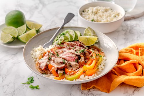 Beef fajita bowls with lime chipotle mayo