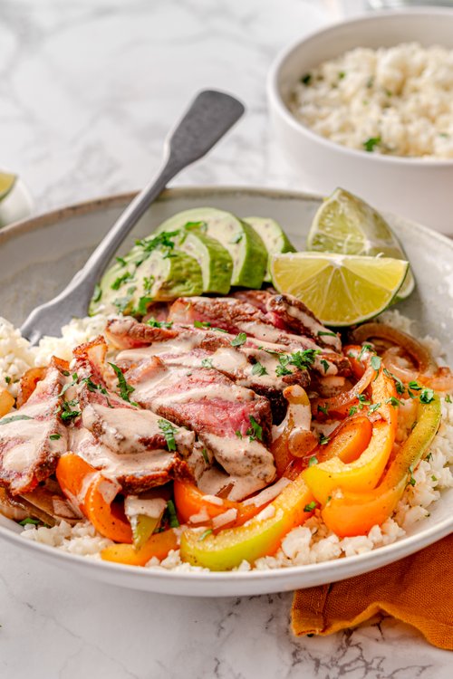 Beef fajita bowls with lime chipotle mayo