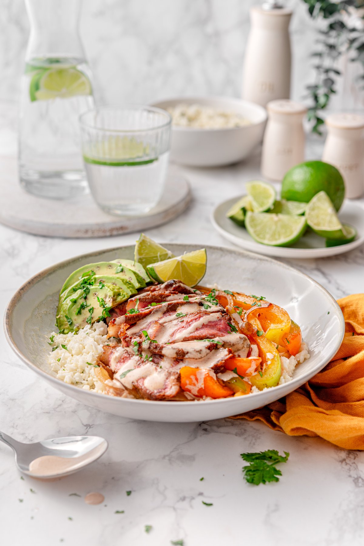Beef fajita bowls with lime chipotle mayo