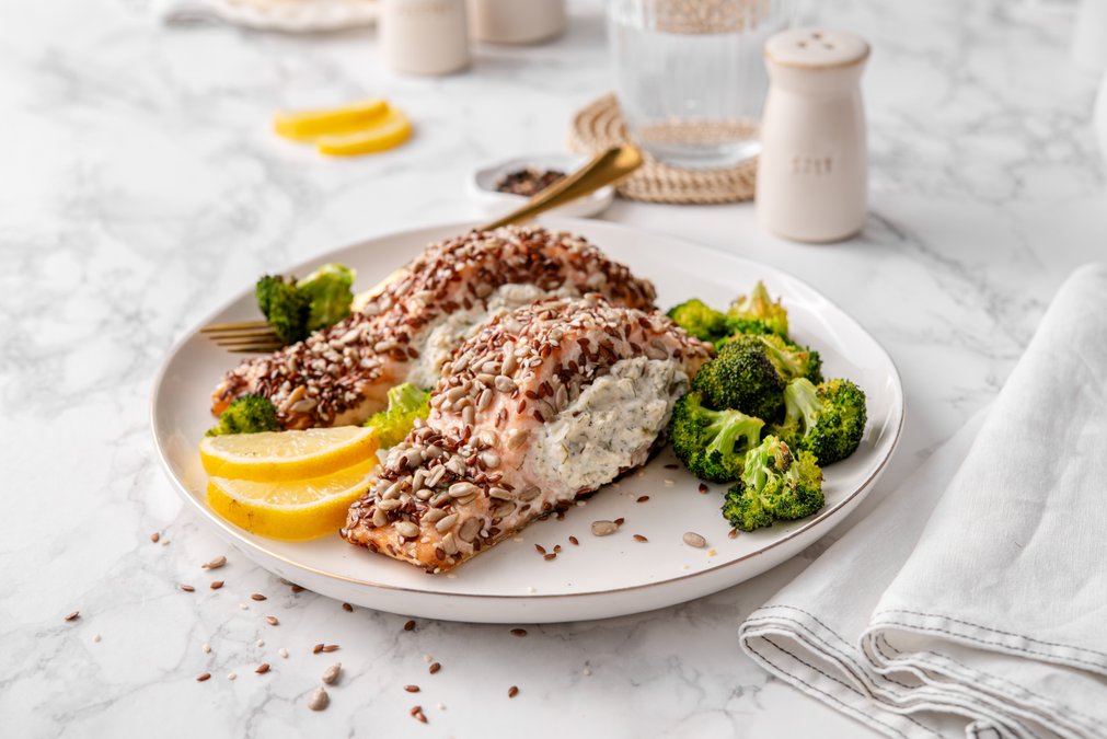 Seed-crusted keto salmon with dill and cream cheese
