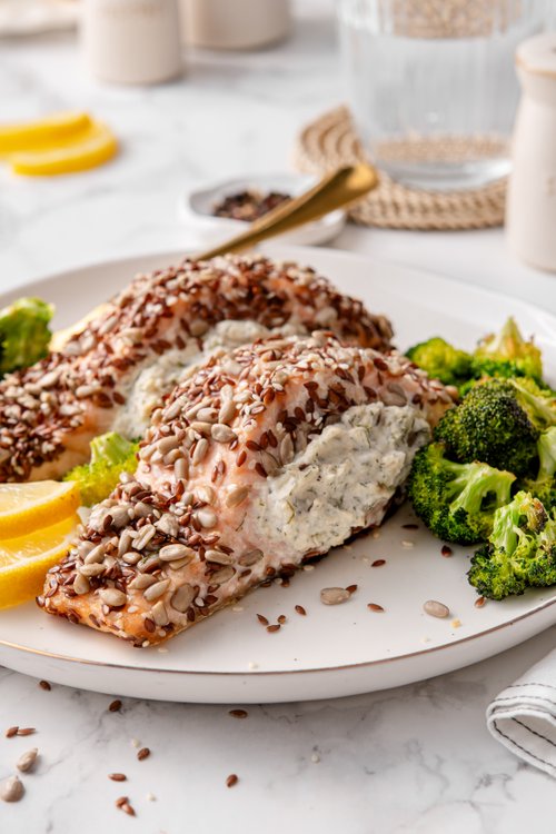 Seed-crusted keto salmon with dill and cream cheese