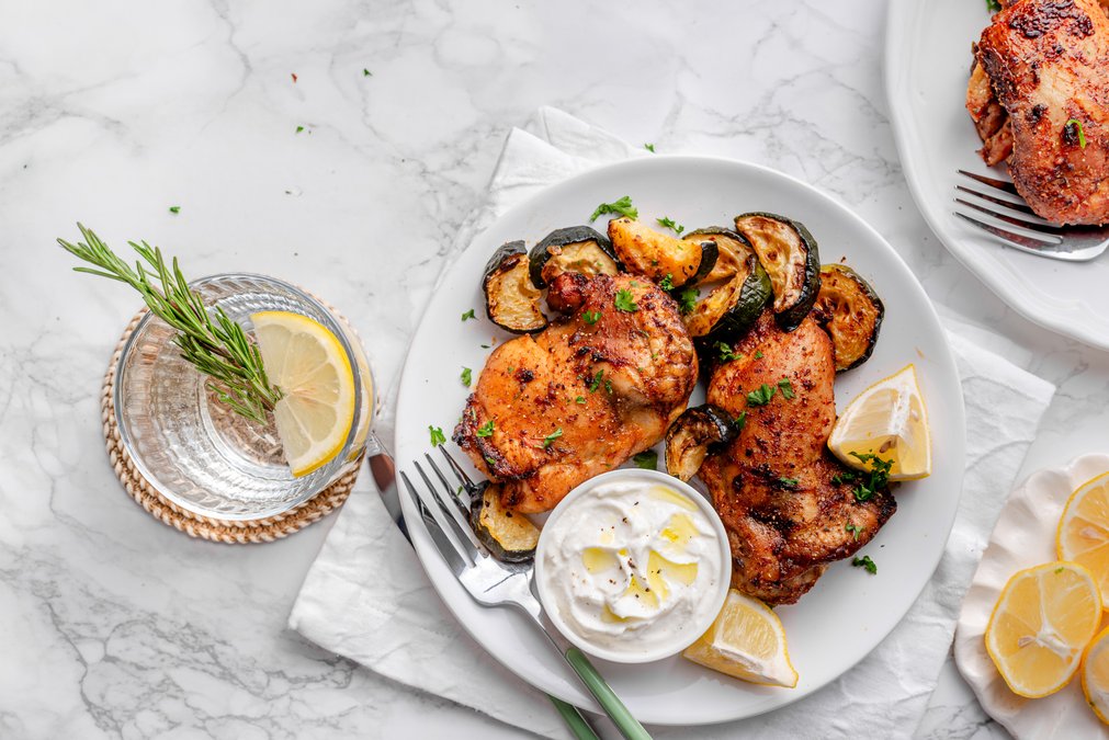 Roasted lemon garlic chicken with whipped feta