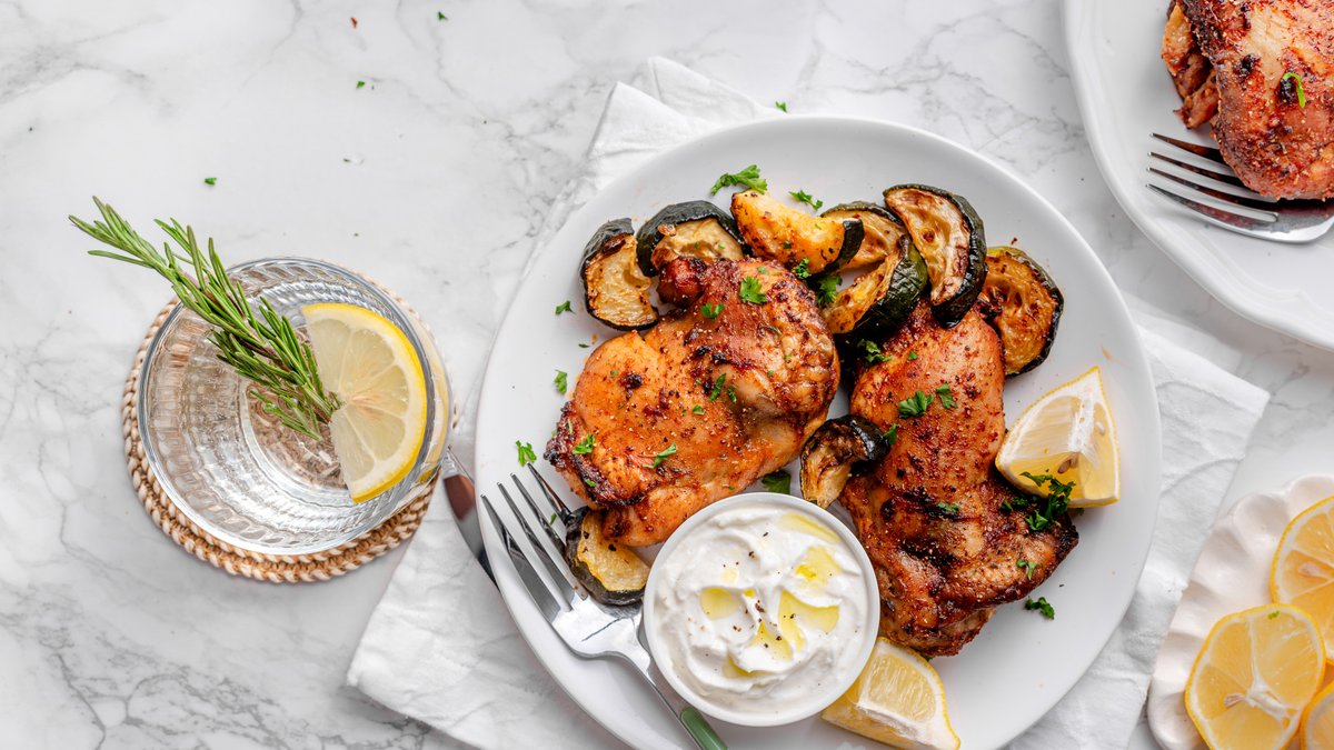 Roasted lemon garlic chicken with whipped feta