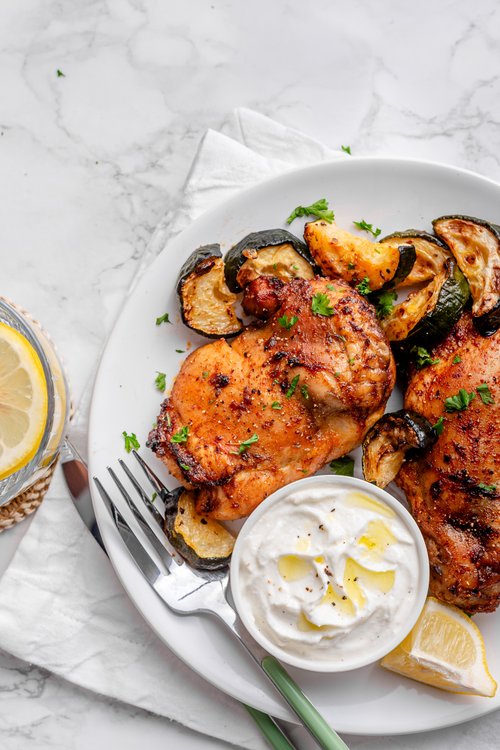 Roasted lemon garlic chicken with whipped feta