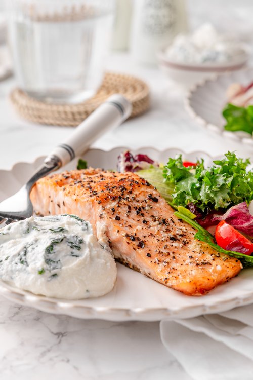 Keto salmon with cottage spinach dip