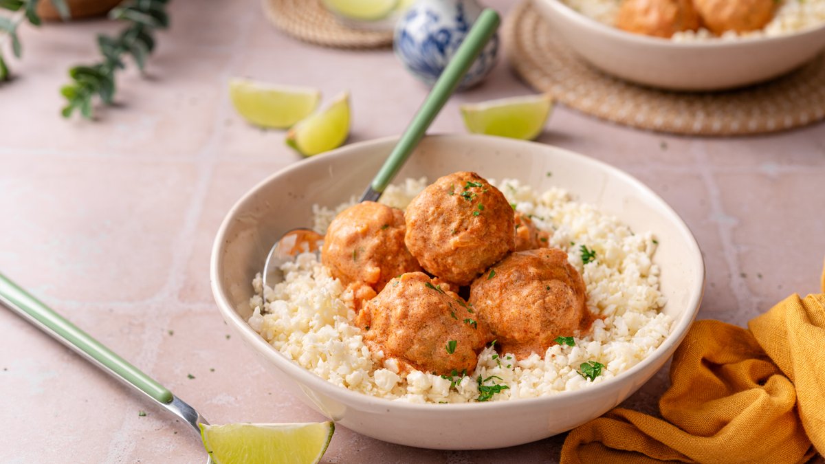 Air fryer butter chicken meatballs with cauliflower rice