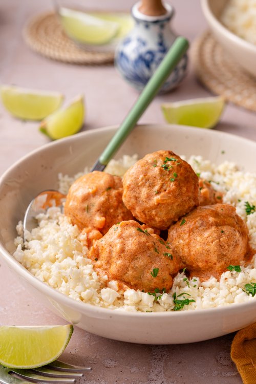 Air fryer butter chicken meatballs with cauliflower rice