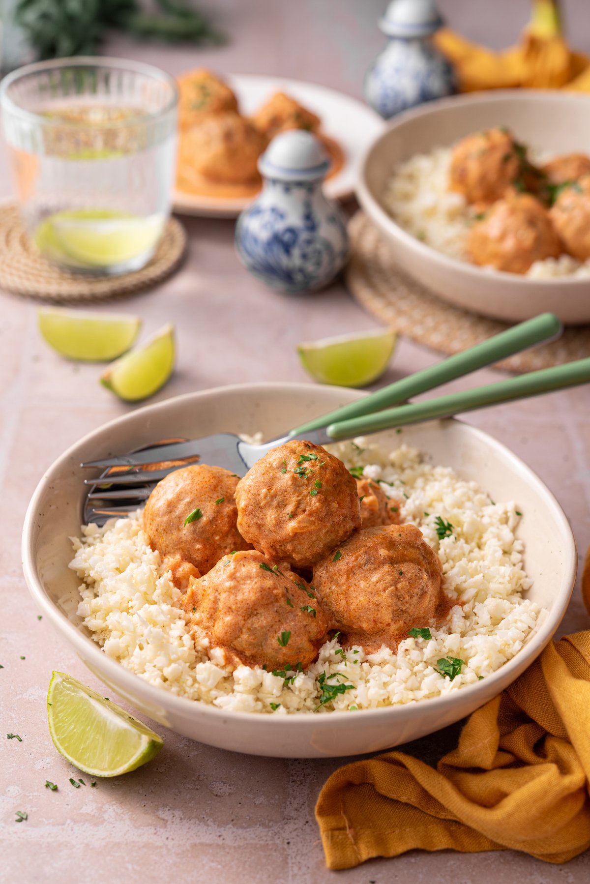 Air fryer butter chicken meatballs with cauliflower rice