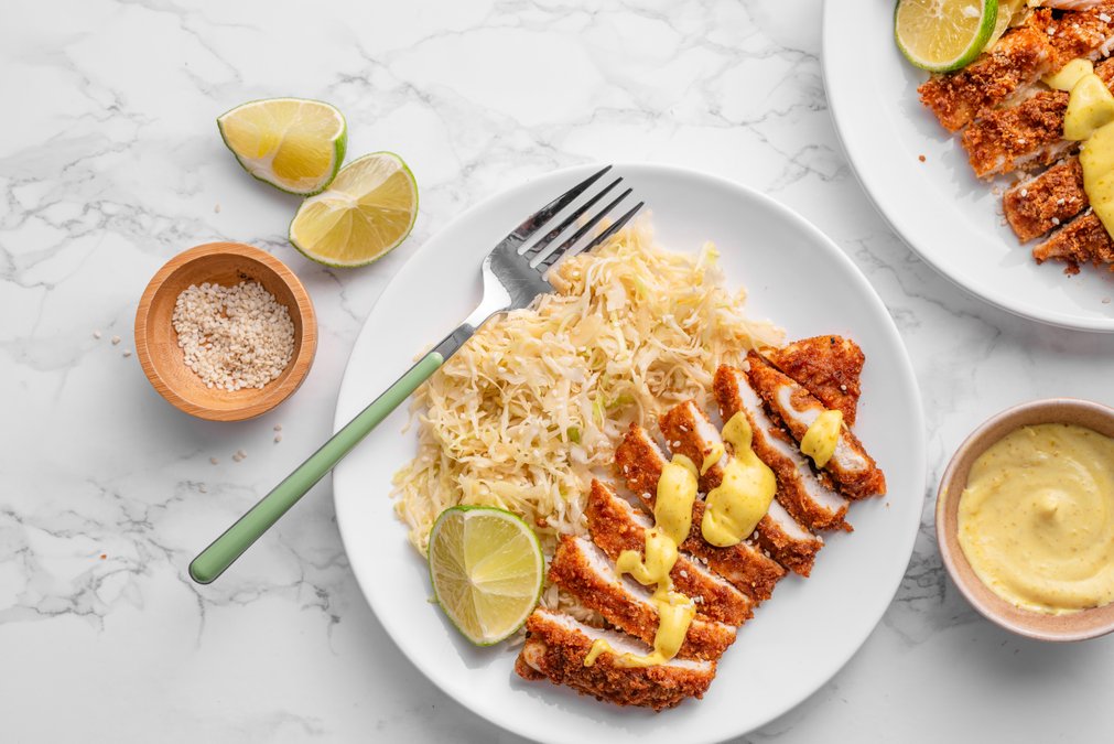 Keto chicken katsu with sesame cabbage and curry mayo