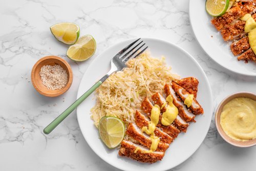 Keto chicken katsu with sesame cabbage and curry mayo