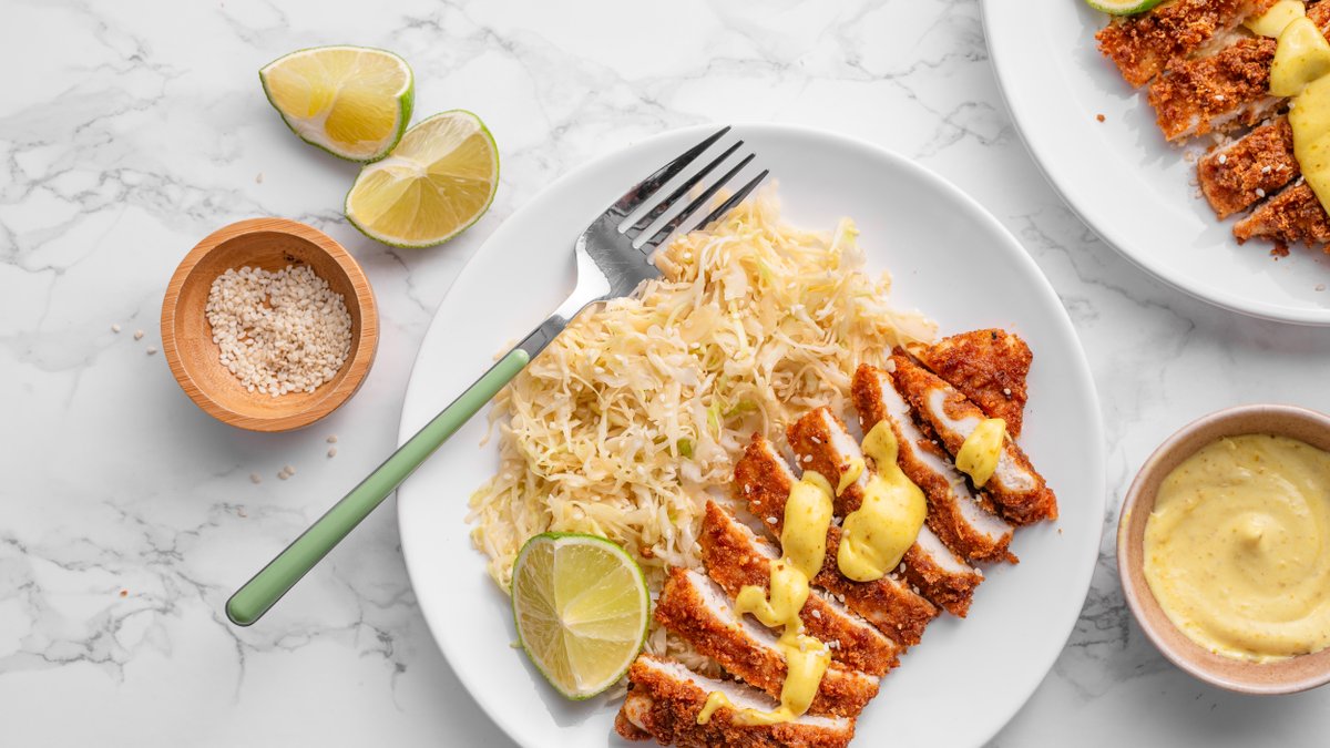 Keto chicken katsu with sesame cabbage and curry mayo
