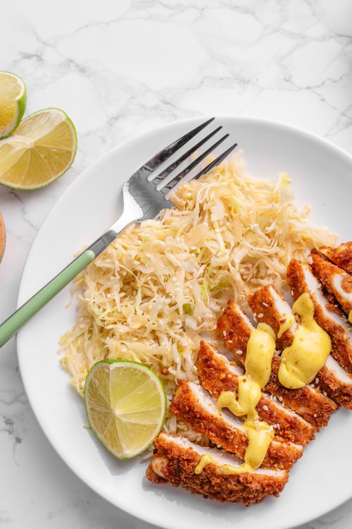 Keto chicken katsu with sesame cabbage and curry mayo