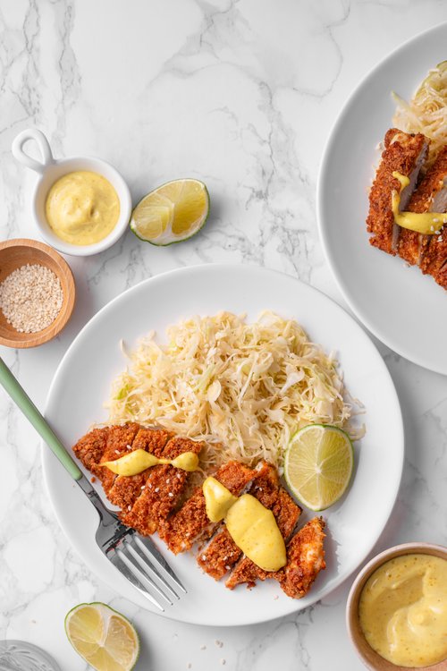 Keto chicken katsu with sesame cabbage and curry mayo