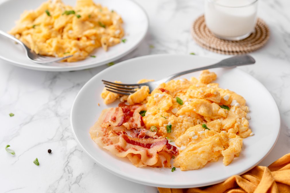 Cottage cheese scrambled eggs and bacon