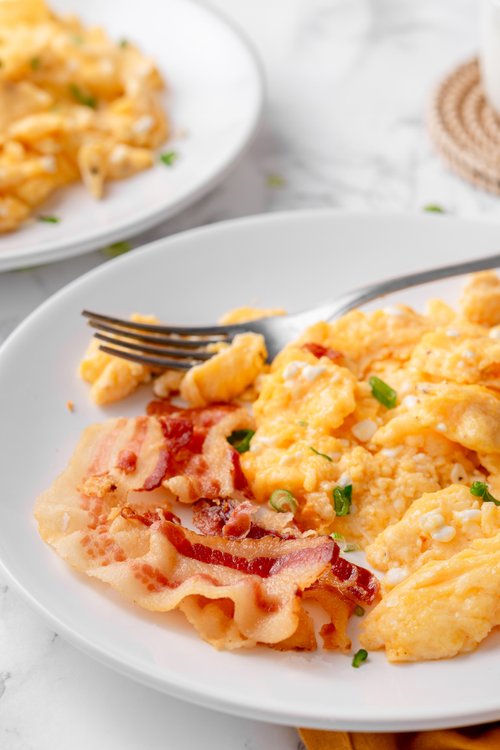 Cottage cheese scrambled eggs and bacon