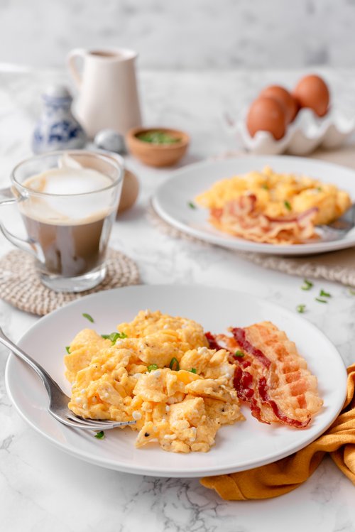Cottage cheese scrambled eggs and bacon