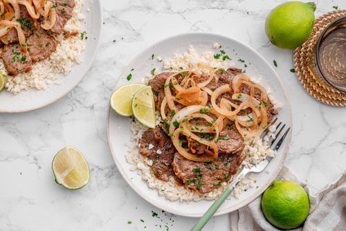 Filipino beef steak (Bistek Tagalog) with cauliflower rice