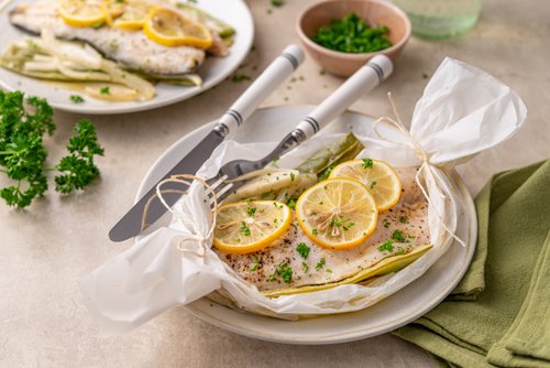 Baked sea bass parcels with lemon and fennel