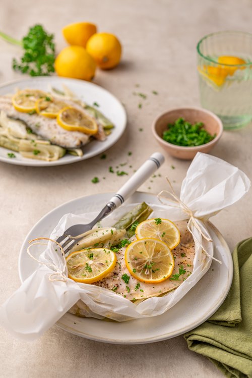 Baked sea bass parcels with lemon and fennel