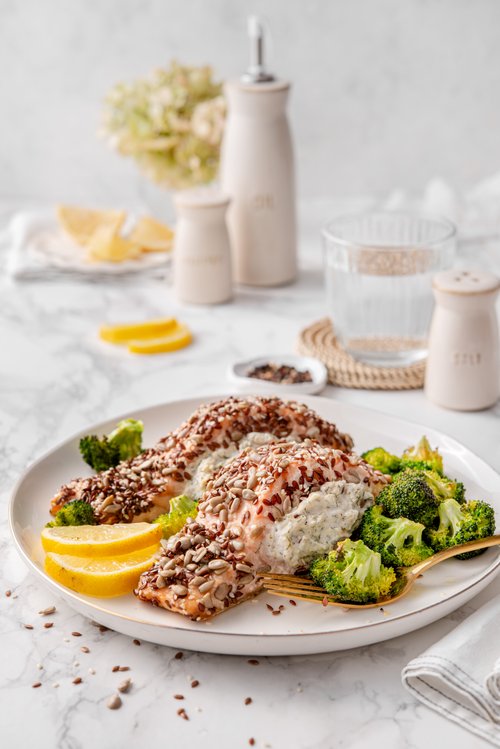 Seed-crusted keto salmon with dill and cream cheese